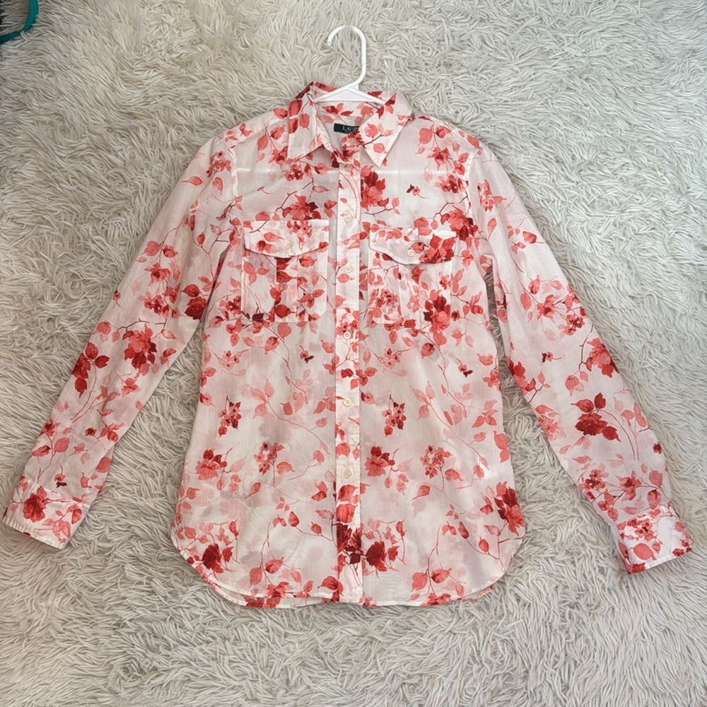 Ralph Lauren Long Sleeve Floral Blouse SP Small Petite Button Up Pink White